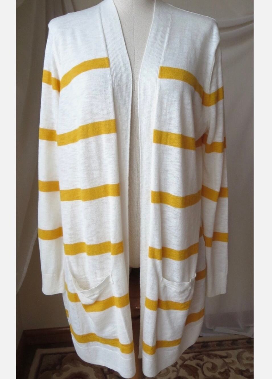 OLD NAVY WOMEN'S SOFT LONG CARDIGAN OPEN FRONT YELLOW/WHITE STRIPED